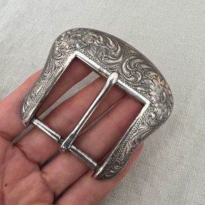 Vintage silver tone western floral square belt buckle repousse rope large 1.5”